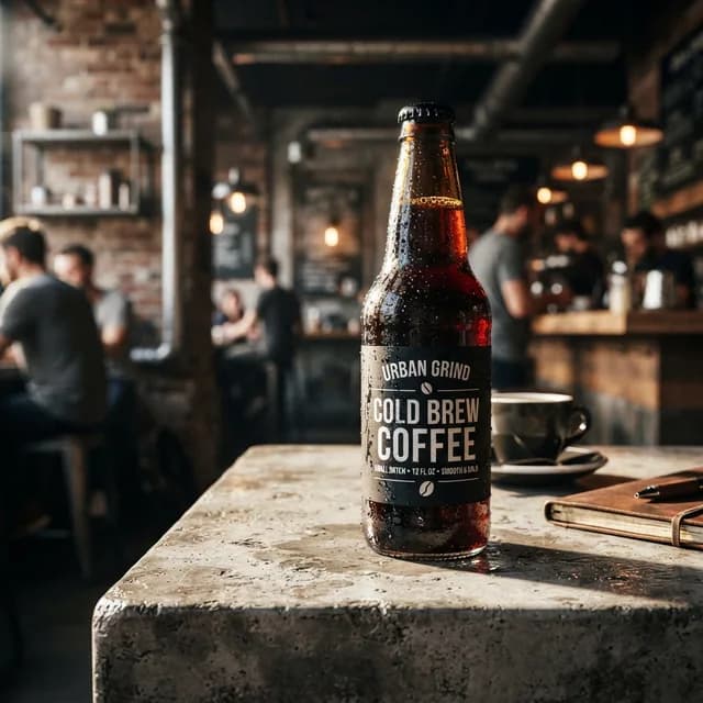 Bottle of cold brew coffee on a stone counter in a cafe, an example brand product